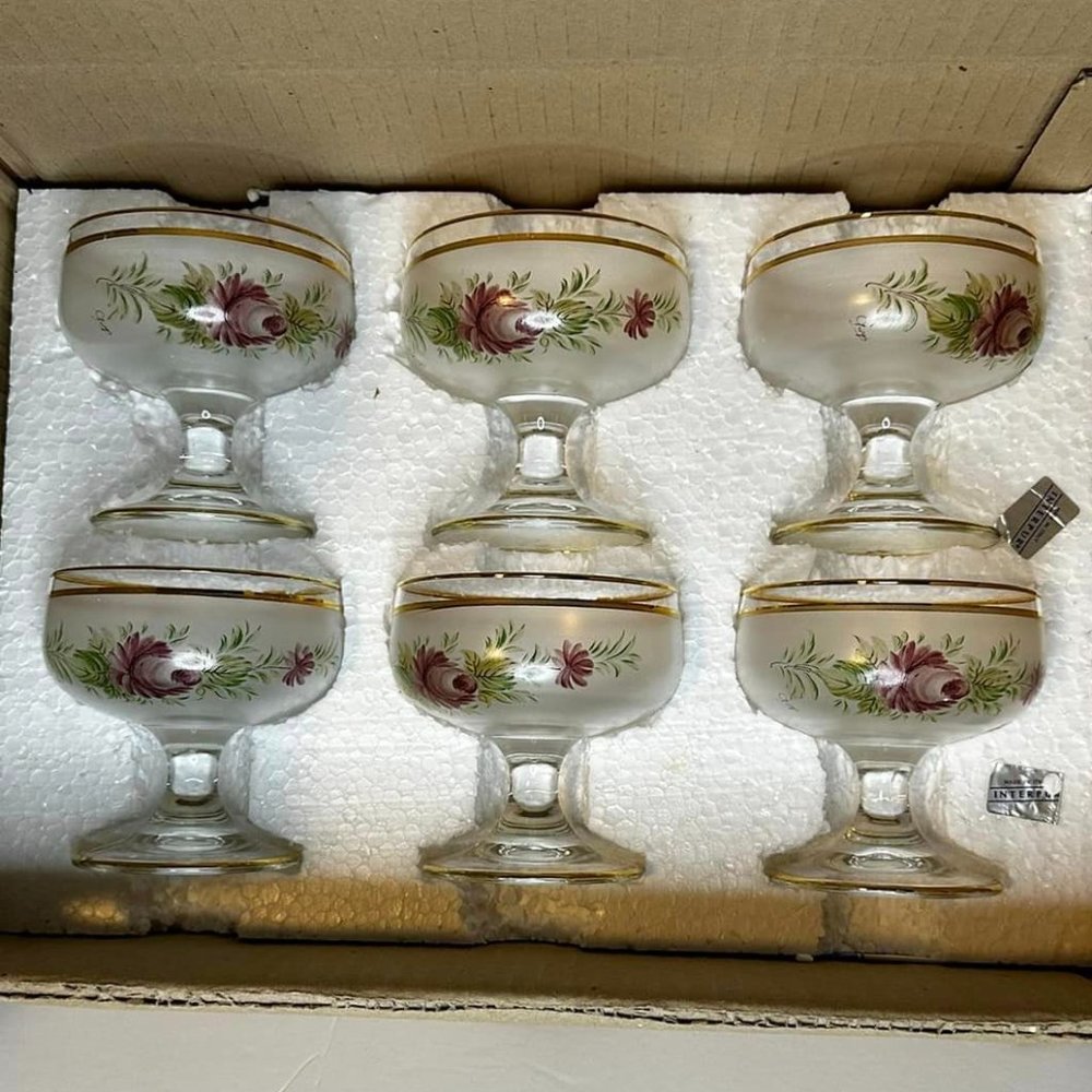 New Vintage set of 6 Inz1 Interpur Purple Rose Italian Frosted Sherbert glasses